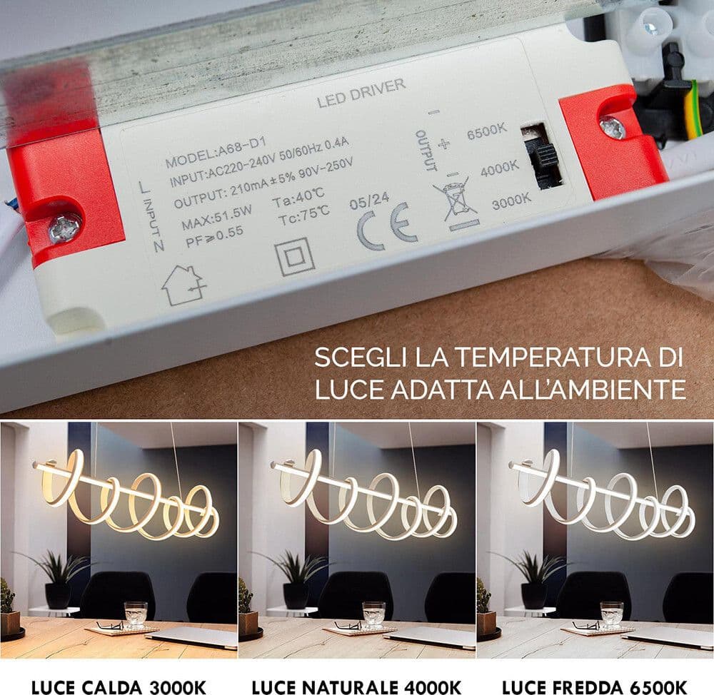 LAMPADARIO LED 60 WATT LAMPADA TWIST BIANCO STILIZZATO TECNOLOGIA CCT 3000K-6500K A68-B3C - 10