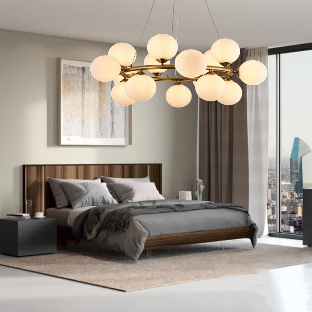 LAMPADARIO A SOSPENSIONE CONTEMPORANEO IN METALLO BRONZO CON 15 SFERE ATTACCO G9 B94 - 7