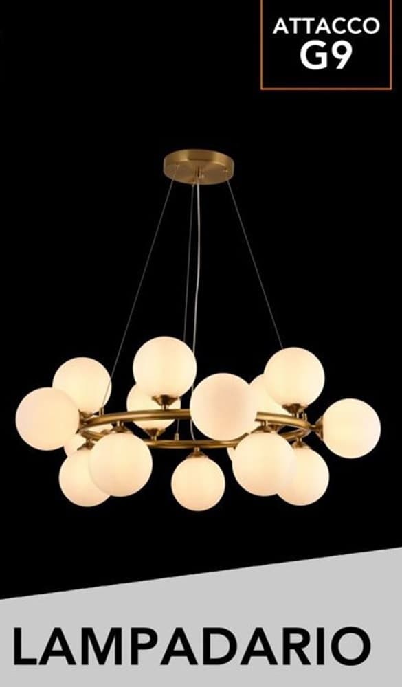 LAMPADARIO A SOSPENSIONE CONTEMPORANEO IN METALLO BRONZO CON 15 SFERE ATTACCO G9 B94 - 9