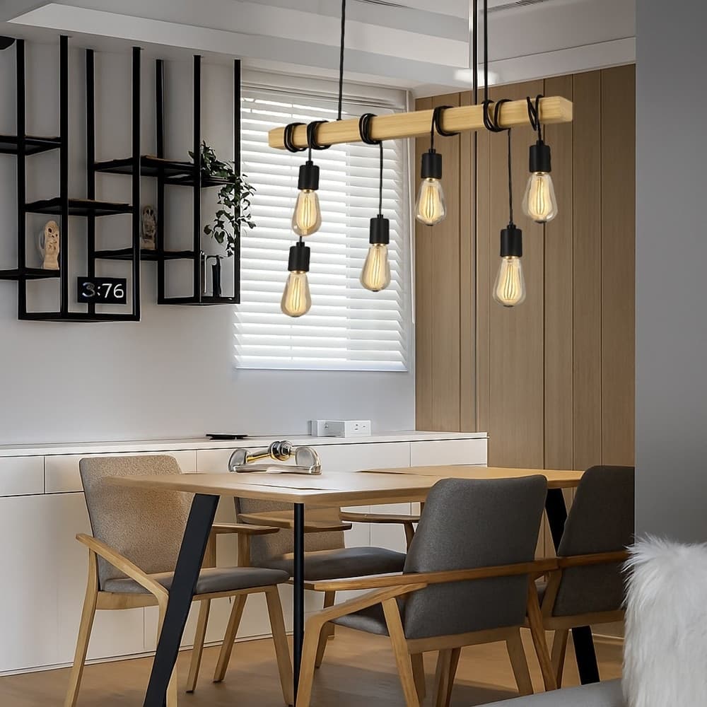 LAMPADARIO SOSPENSIONE LEGNO STILE INDUSTRIALE 6 PORTALAMPADA E27 LAMPADA CUCINA B47-6 - 7