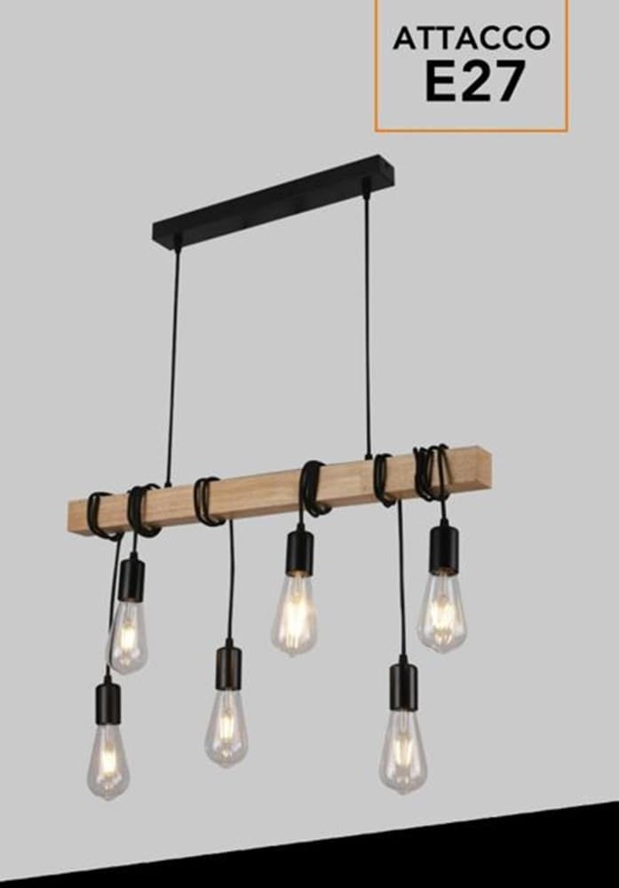 LAMPADARIO SOSPENSIONE LEGNO STILE INDUSTRIALE 6 PORTALAMPADA E27 LAMPADA CUCINA B47-6 - 9