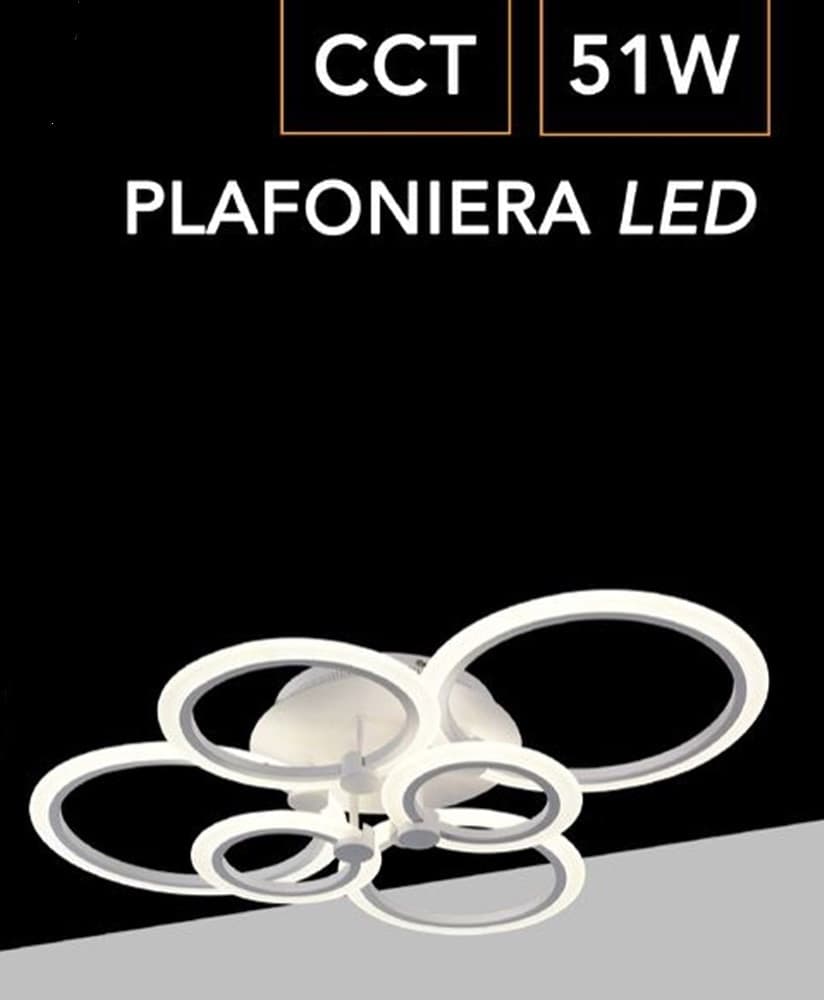 LAMPADARIO LED CCT 3 TONALITÀ 3000K-6500K PLAFONIERA 51W CON 6 CERCHI DESIGN MODERNO C08-3C - 2