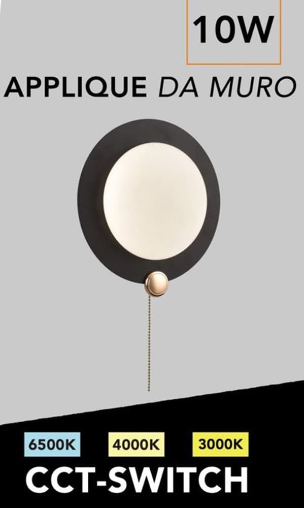 APPLIQUE DA MURO MODERNO TONDO 10W NERO ORO TECNOLOGIA CCT FREDDA CALDA NATURALE AQ20-3C - 11