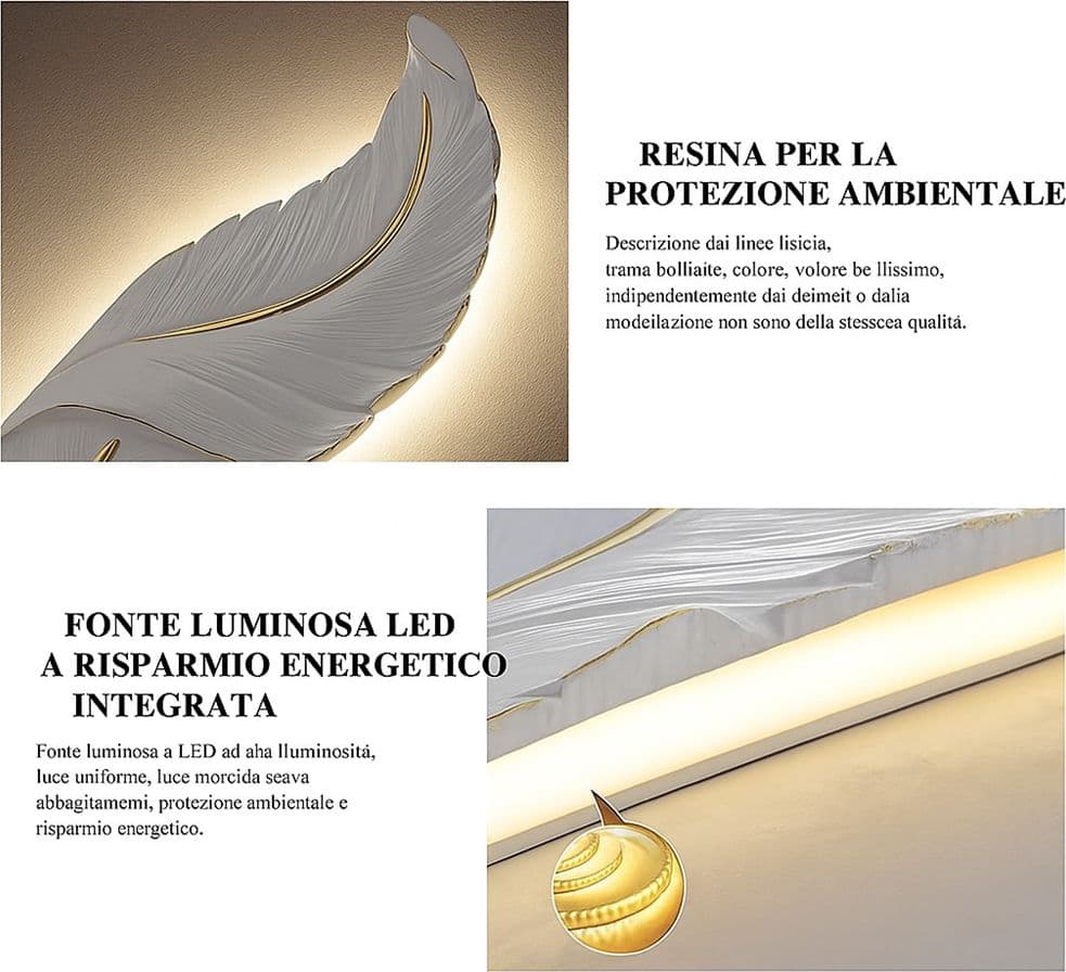 APPLIQUE LED LAMPADA MURO 12W CCT 3 TONALITÀ LUCE DESIGN PIUMA BIANCA ORO RESINA AQ24-B3C - 4