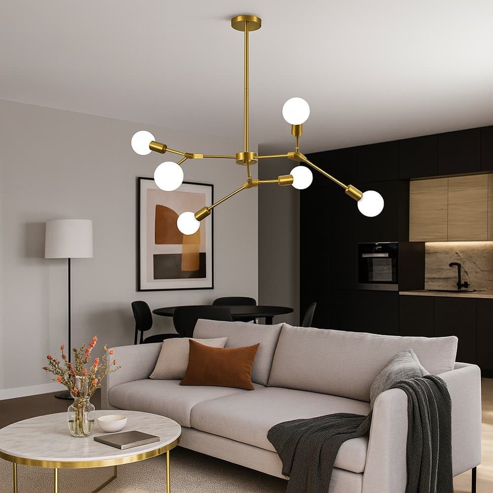 LAMPADARIO A SOSPENSIONE IN BRONZO GEOMETRICO CON 6 BRACCI ATTACCO E27 DA SOFFITTO A45-6 - 6