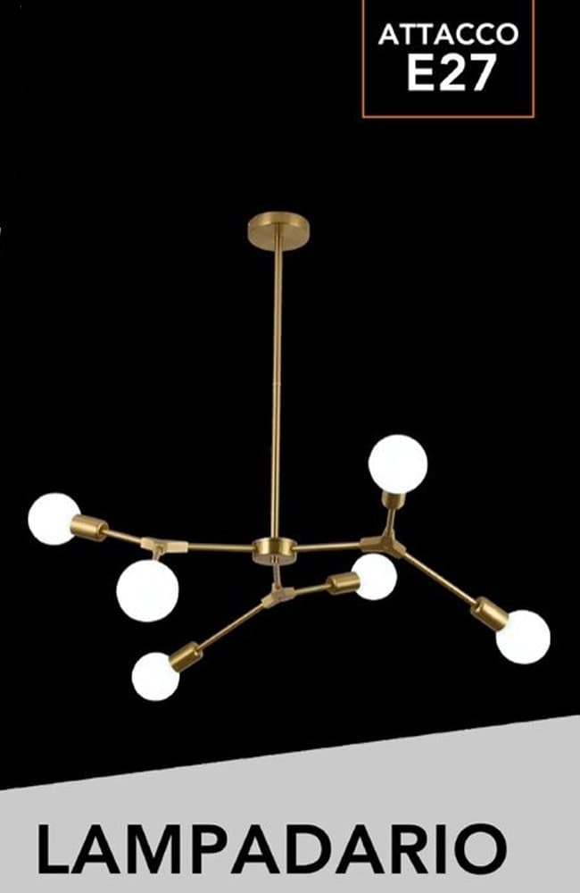 LAMPADARIO A SOSPENSIONE IN BRONZO GEOMETRICO CON 6 BRACCI ATTACCO E27 DA SOFFITTO A45-6 - 9