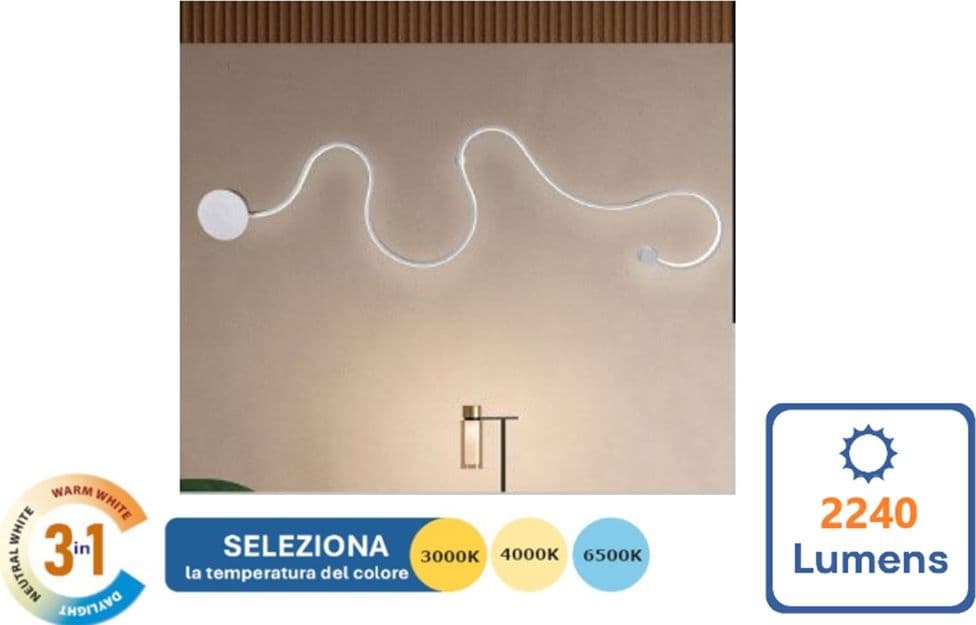 APPLIQUE DA MURO LED 28W DESIGN A SERPENTE BIANCO TONALITÀ LUCE 3IN1 2240LM E69-B3C - 11