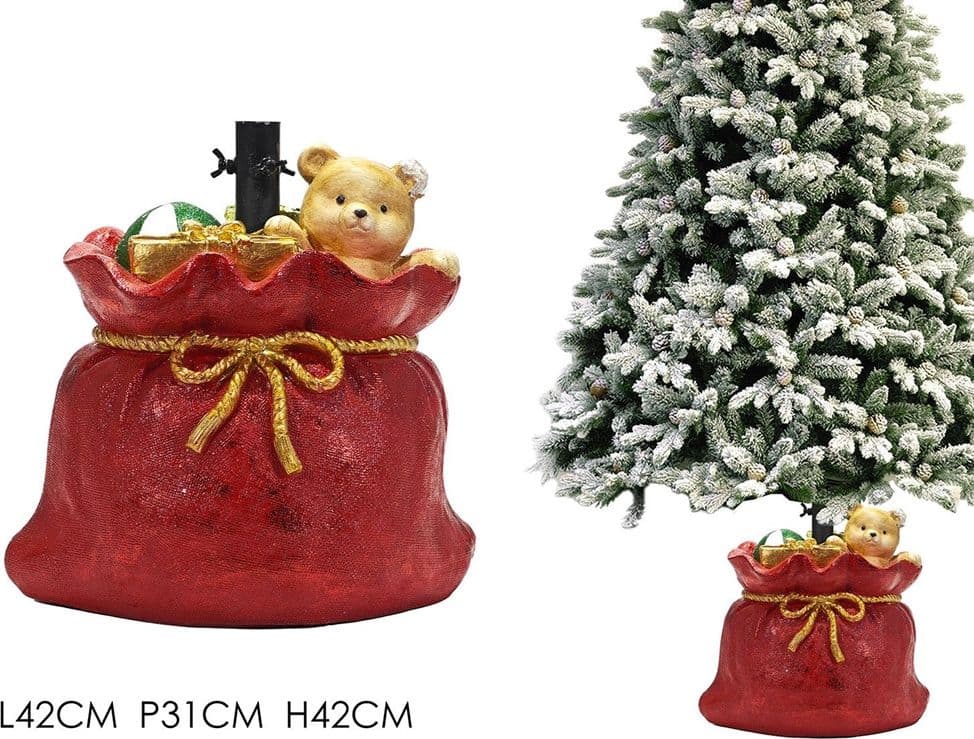 SUPPORTO PIEDE PER ALBERO DI NATALE ROSSO BASE SACCO REGALI CON ORSETTO DECORAZIONE - 3