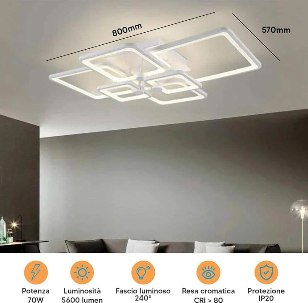 PLAFONIERA LED 70W CCT DA 3000K A 6500K 6 QUADRATI LAMPADA GEOMETRICA SOFFITTO C26-B3C - 4