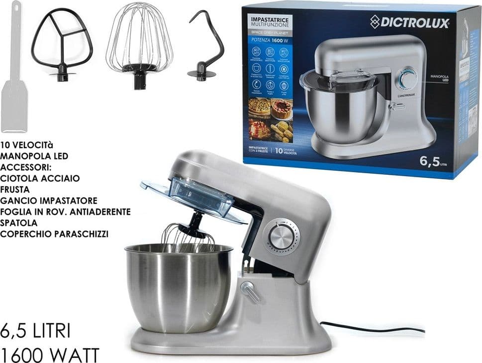 IMPASTATRICE PLANETARIA MULTIFUNZIONE 10 VELOCITÀ 3 FRUSTE CIOTOLA 6,5LT 1600W MANOPOLA LED - 2