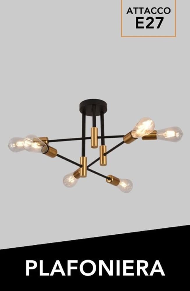 PLAFONIERA SOFFITTO DESIGN INDUSTRIALE MODERNA NERO ORO 6 PORTALAMPADA ATTACCO E27 PN-14 - 10