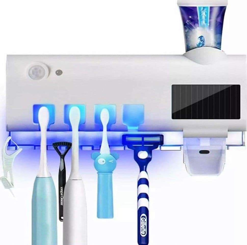 STERILIZZATORE PORTA SPAZZOLINO DENTI CON DISPENSER DENTIFRICIO ORGANIZER PARETE BAGNO UV - 6