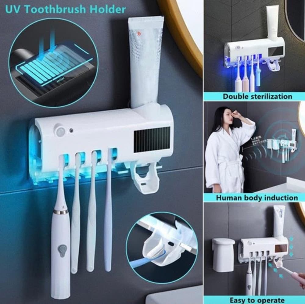 STERILIZZATORE PORTA SPAZZOLINO DENTI CON DISPENSER DENTIFRICIO ORGANIZER PARETE BAGNO UV - 7