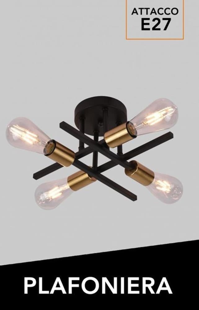 PLAFONIERA A SOFFITTO DESIGN INDUSTRIALE MODERNA NERO ORO 4 PORTALAMPADA ATTACCO E27 PN-16 - 11