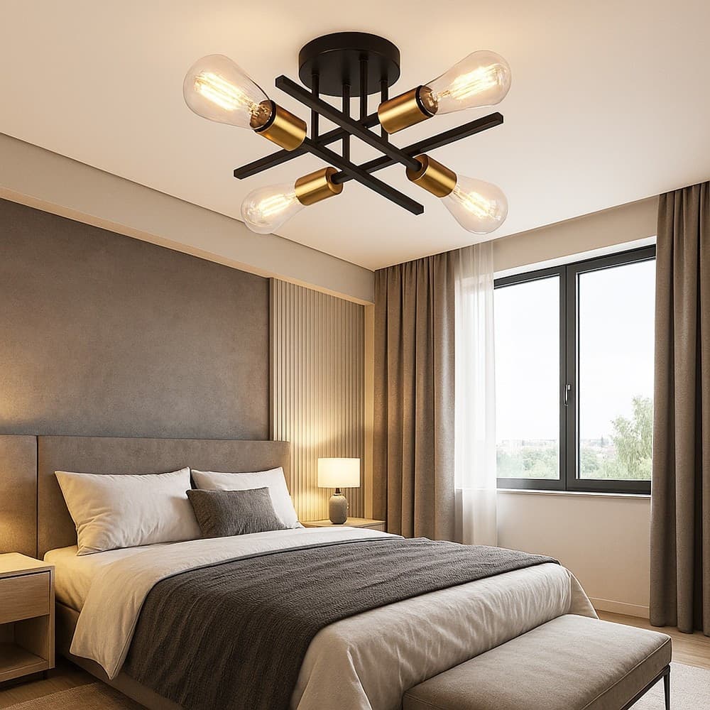 PLAFONIERA A SOFFITTO DESIGN INDUSTRIALE MODERNA NERO ORO 4 PORTALAMPADA ATTACCO E27 PN-16 - 9