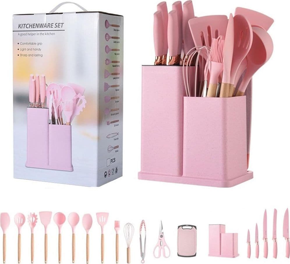 SET DI UTENSILI COLTELLI DA CUCINA DA CHEF DA 19 PEZZI IN SILICONE CON MANICO IN LEGNO - 11