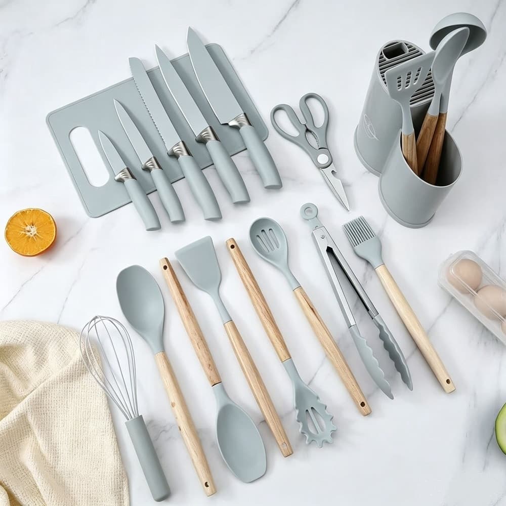 SET DI UTENSILI COLTELLI DA CUCINA DA CHEF DA 19 PEZZI IN SILICONE CON MANICO IN LEGNO - 12
