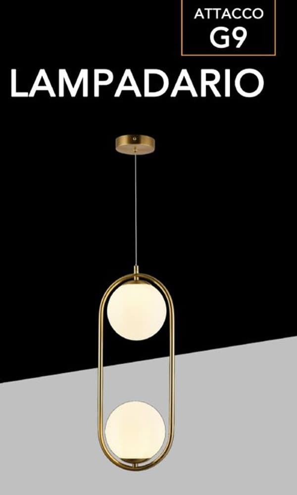 LAMPADARIO SOSPENSIONE OVALE BRONZO CON DUE SFERE IN VETRO METALLO LAMPADA ATTACCO G9 A33 - 6