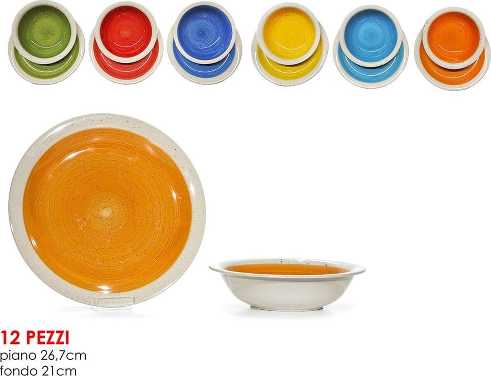 SET SERVIZIO DI PIATTI STILE RUSTICO COUNTRY CHIC IN STONEWARE 12PZ DA TAVOLA MULTICOLORE - 3