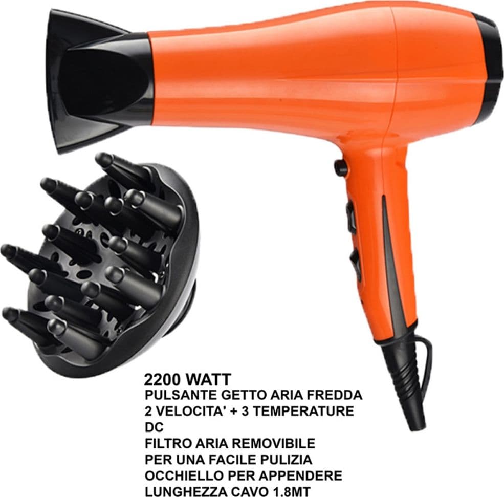 ASCIUGACAPELLI 2200 WATT CON DIFFUSORE CAPELLI PHON PULSANTE GETTO ARIA FREDDA OCCHIELLO - 5