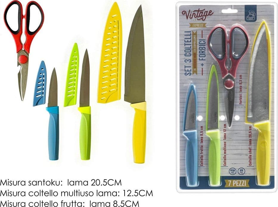 SET 3 COLTELLI CHEF FRUTTA MULTIUSO CON COPRILAMA + FORBICI IN ACCIAIO UTENSILI DA CUCINA - 2