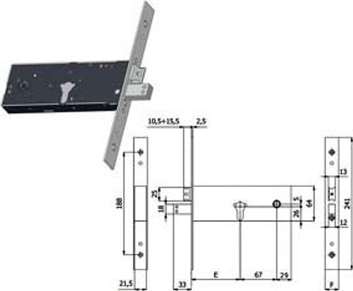 Serratura da Infilare per Fasce Catenaccio e Scrocco 64 mm H 1940 90 mm - 2