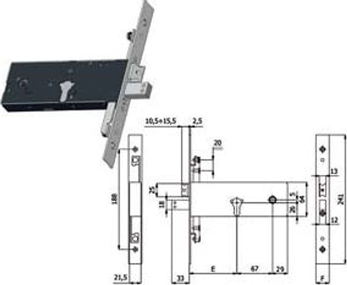 Serratura Triplice Infilare per Fasce Catenaccio e Scrocco 64 mm H 90 mm - 2