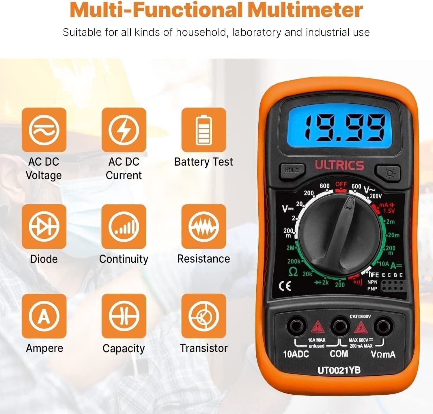 ULTRICS Multimetro Digitale, Voltmetro Amperometro Ohmmetro Circuit Checker - 2