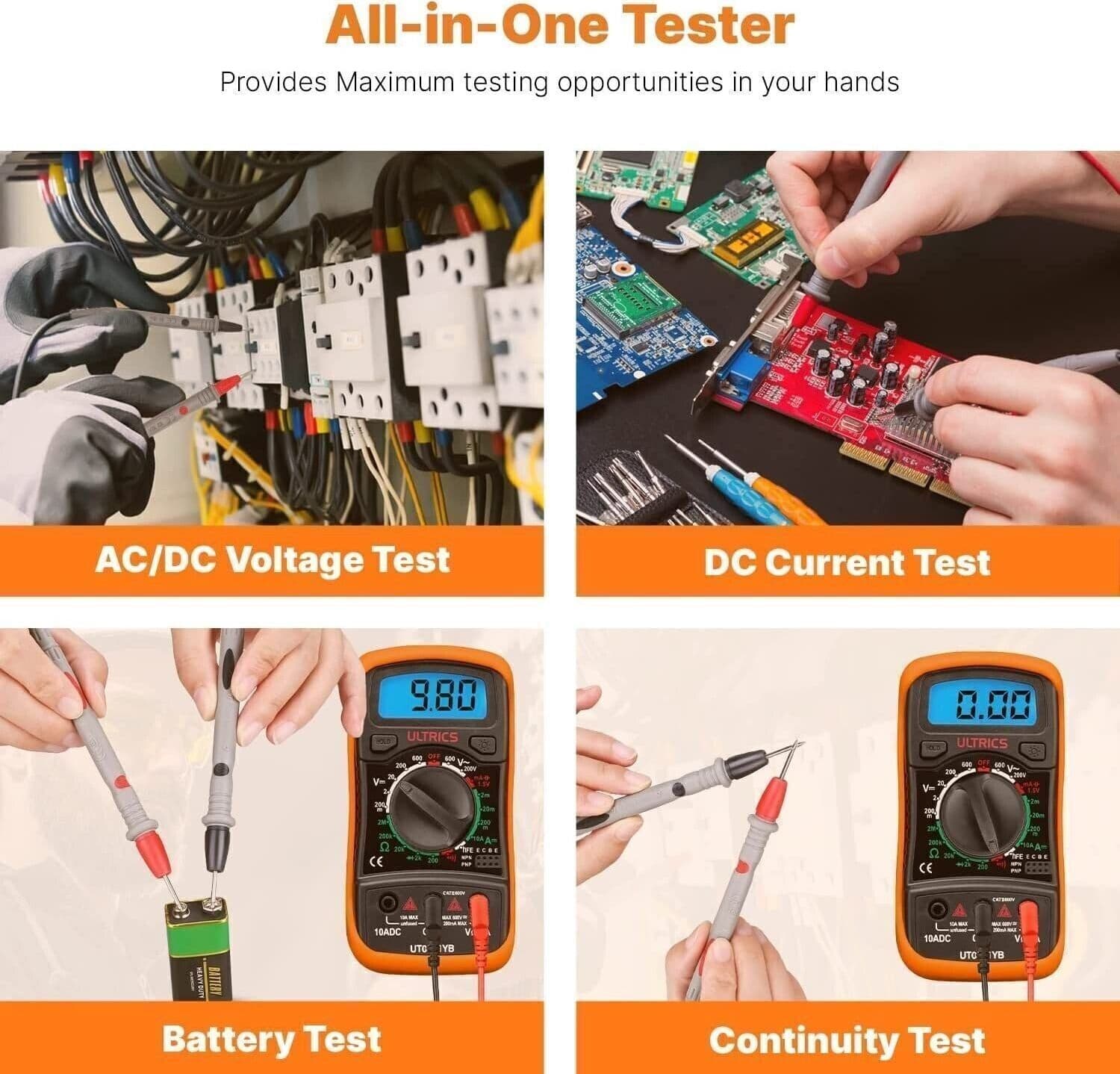 ULTRICS Multimetro Digitale, Voltmetro Amperometro Ohmmetro Circuit Checker - 4