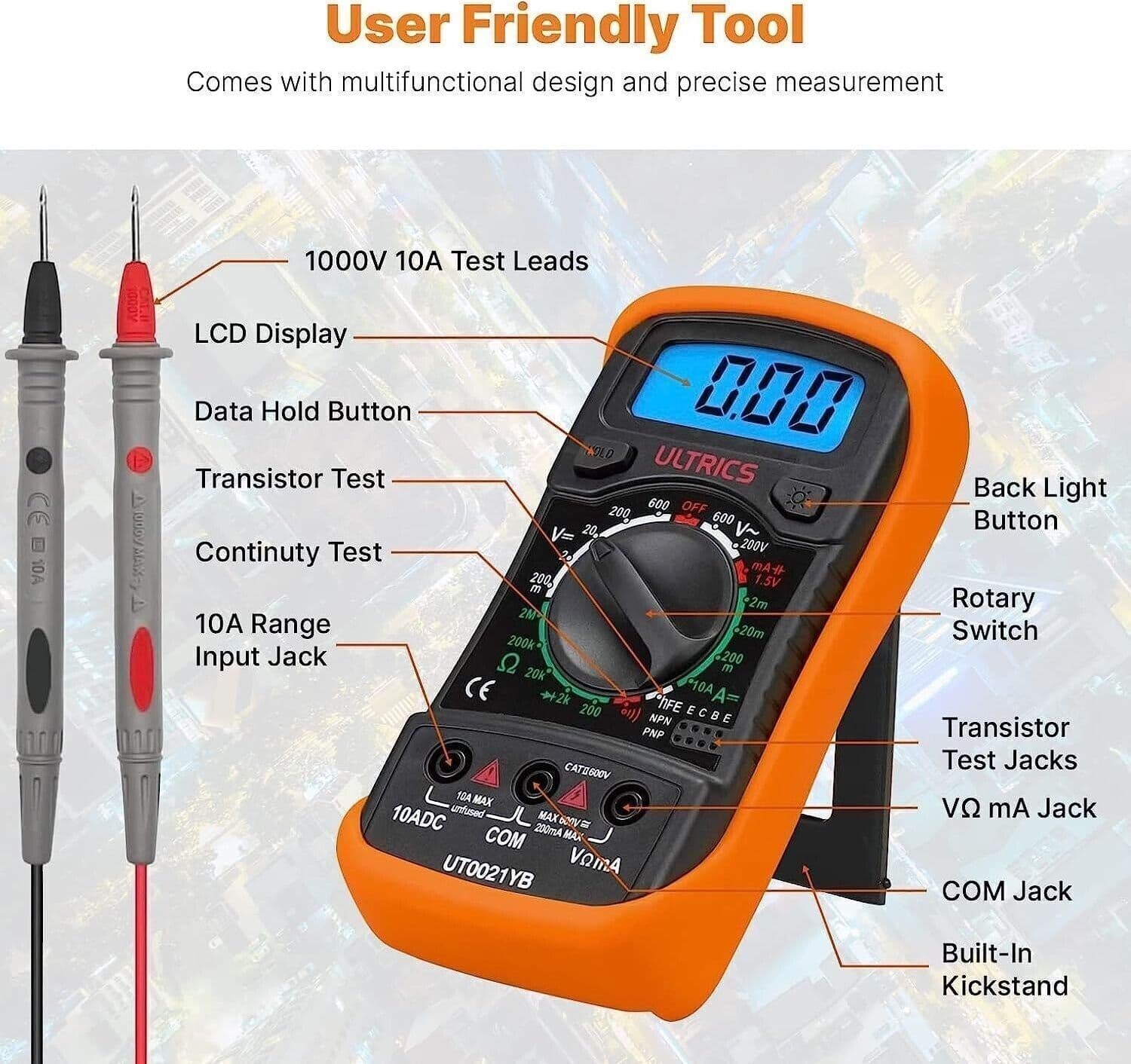 ULTRICS Multimetro Digitale, Voltmetro Amperometro Ohmmetro Circuit Checker - 6