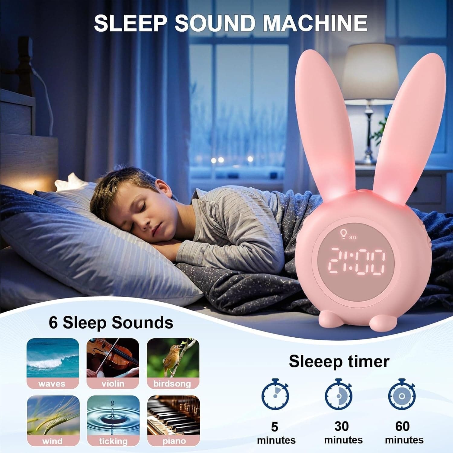 Sveglia Bambini Coniglio da Comodino con Luce Notturna Funzione Snooze Timer - 2