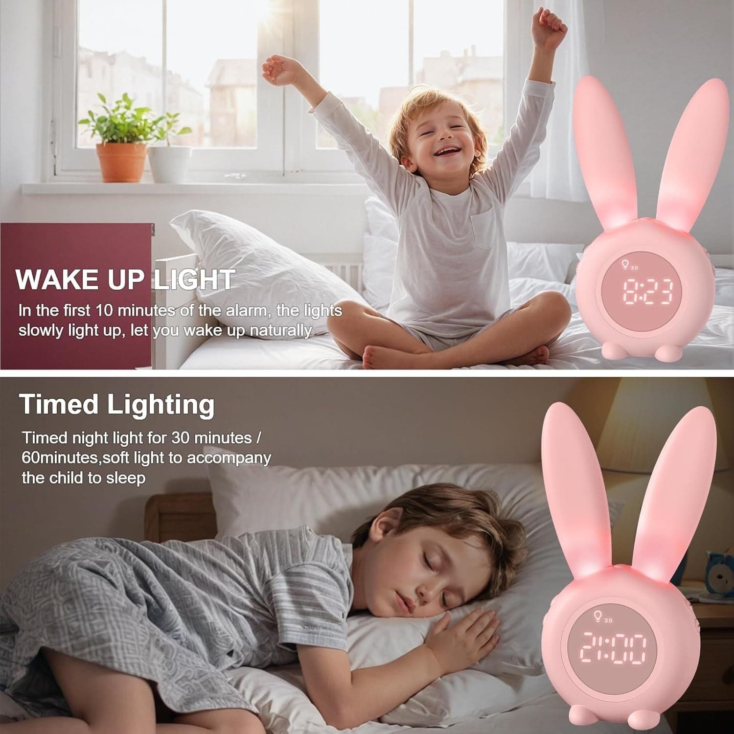 Sveglia Bambini Coniglio da Comodino con Luce Notturna Funzione Snooze Timer - 4