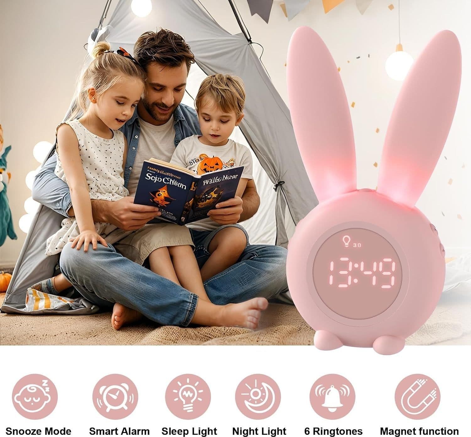 Sveglia Bambini Coniglio da Comodino con Luce Notturna Funzione Snooze Timer - 5