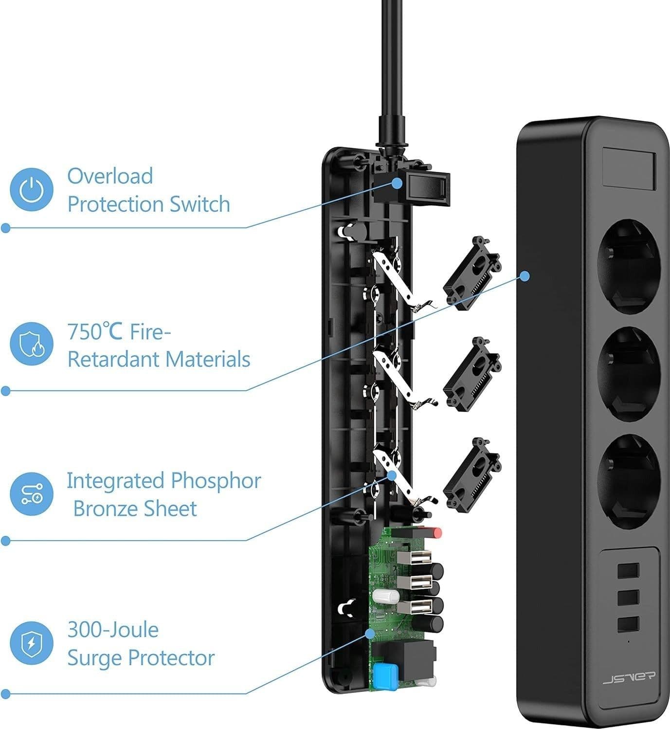 Ciabatta multipresa USB JSVER 3 prese con 3 prese USB, 3 prese (due spine) - 5