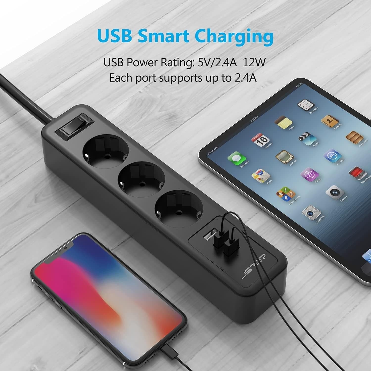 Ciabatta multipresa USB JSVER 3 prese con 3 prese USB, 3 prese (due spine) - 7