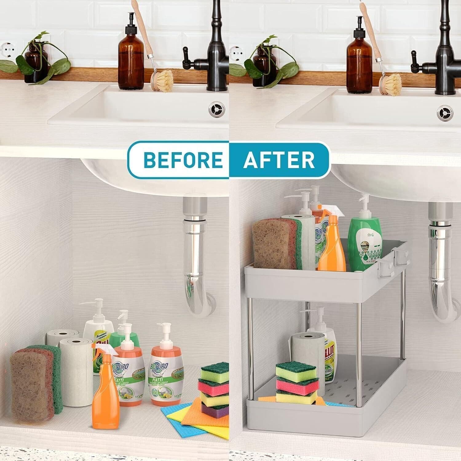 Scaffale Organizer sottolavello cestino per ripiano bagno portaoggetti - 9