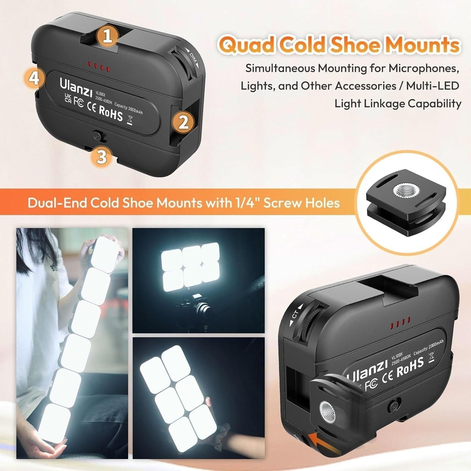 Luce selfie ULANZI VL100X con clip, luce video a LED con batteria da 2000 mAh in Torce video CL Store - Battipaglia, commercioVirtuoso.it