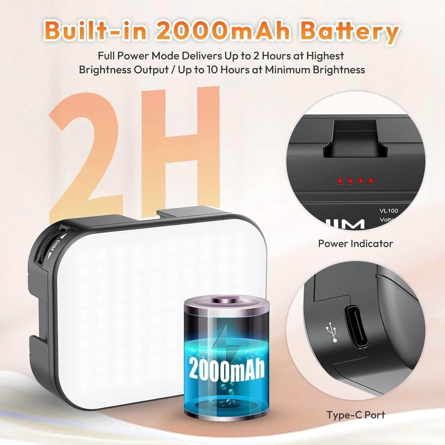 Luce selfie ULANZI VL100X con clip, luce video a LED con batteria da 2000 mAh - 5