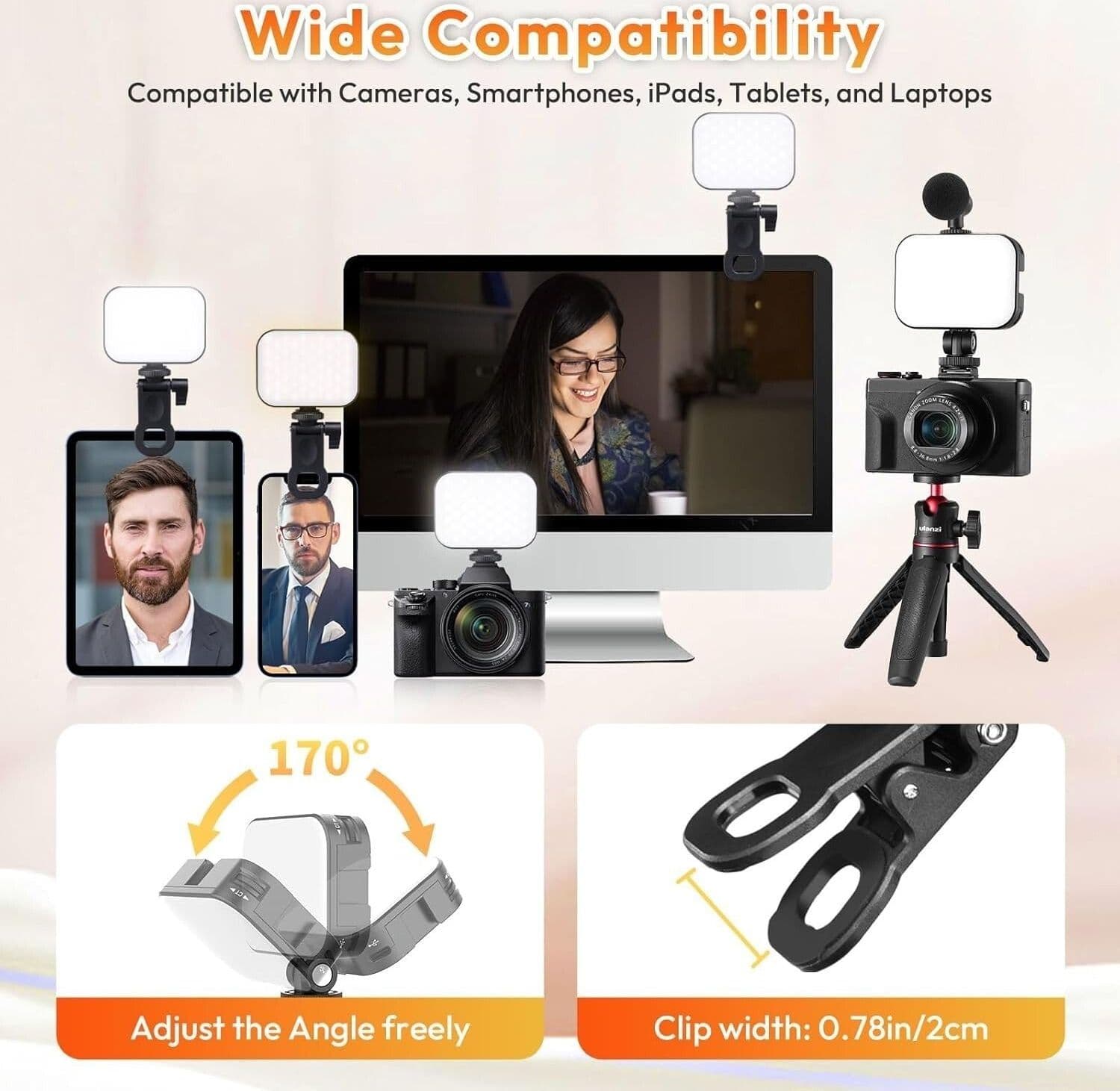 Luce selfie ULANZI VL100X con clip, luce video a LED con batteria da 2000 mAh - 6