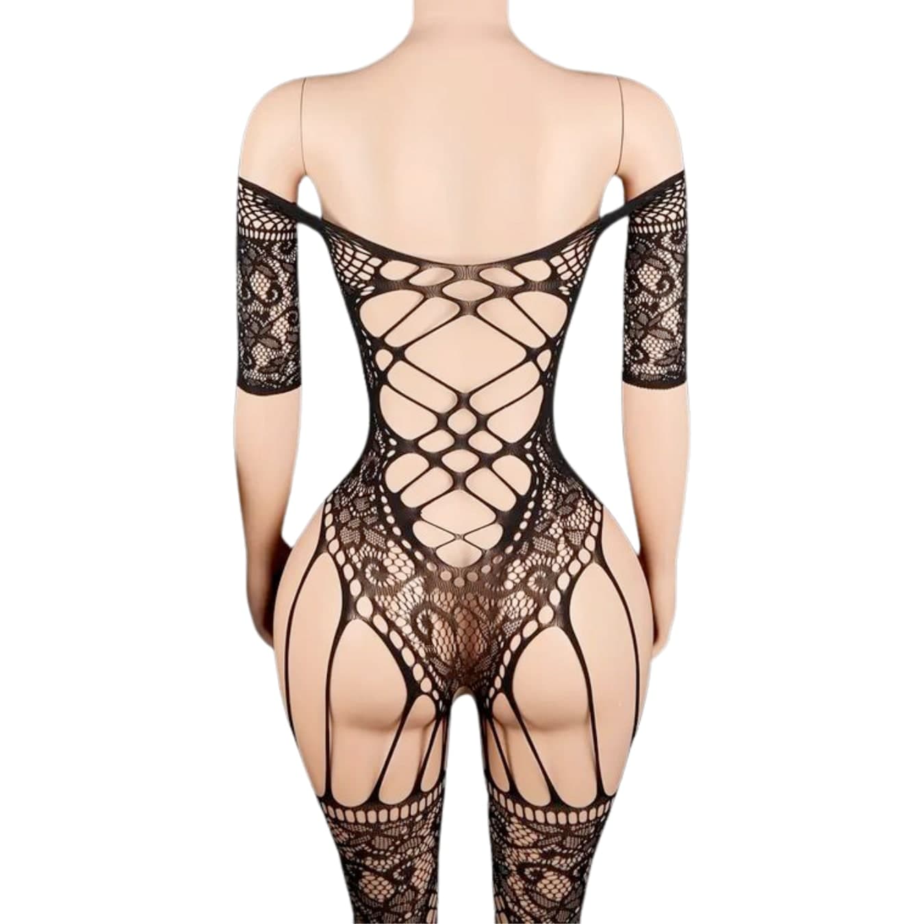 Bodystocking Sexy Donna Nero Catsuit in Rete Effetto Corsetto e Calze Lingerie - 6