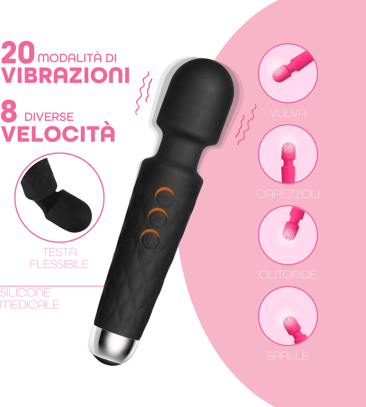 Wand Massager Massaggiatore Vibratore Ricaricabile in Silicone Sex Toy per Donna - 19