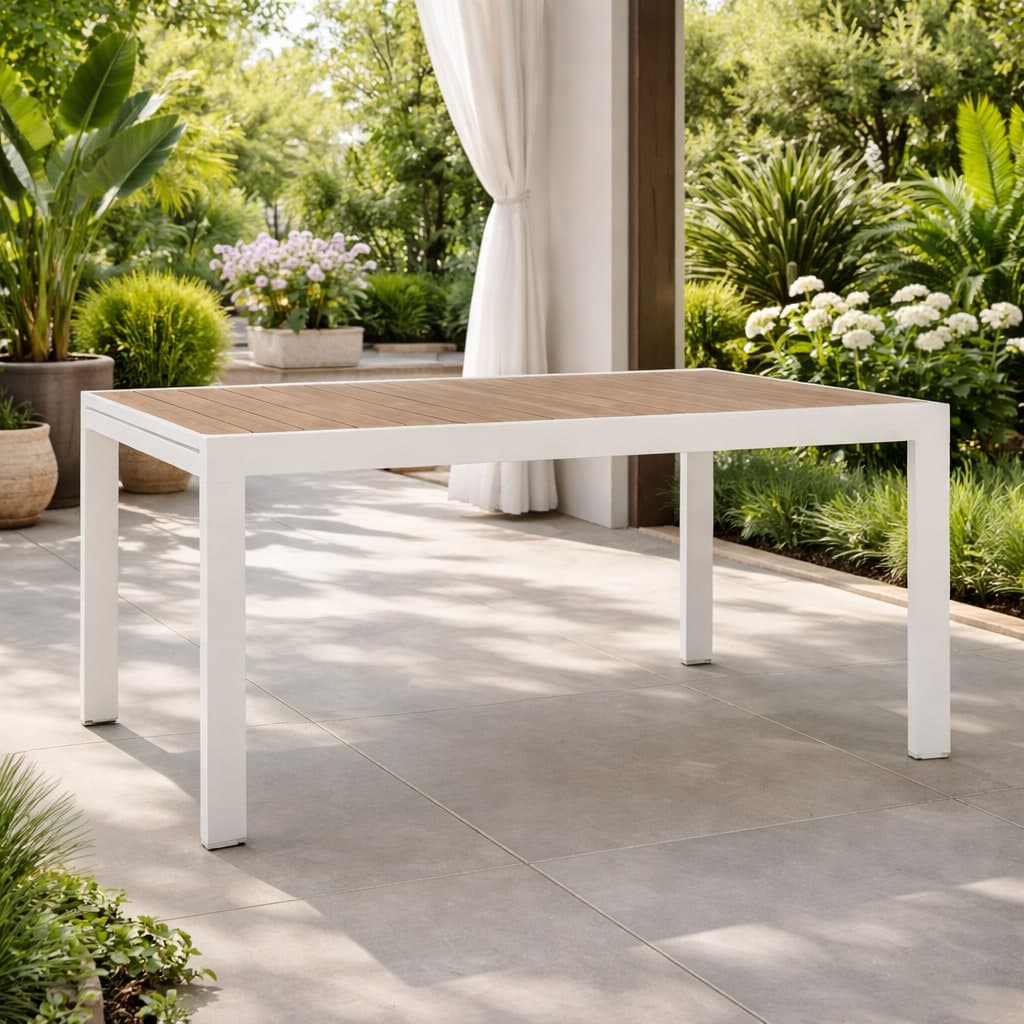 Tavolo "Belmar" allungabile con struttura in alluminio, piano con doghe, per arredo interno ed esterno in Tavoli da sala da pranzo Decor Space - Altamura, commercioVirtuoso.it