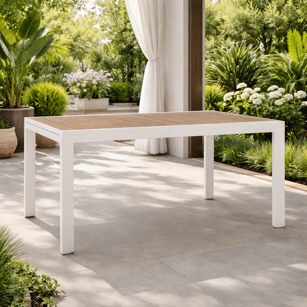 Tavolo "Belmar" allungabile con struttura in alluminio, piano con doghe, per arredo interno ed esterno in Tavoli da sala da pranzo Decor Space - Altamura, commercioVirtuoso.it