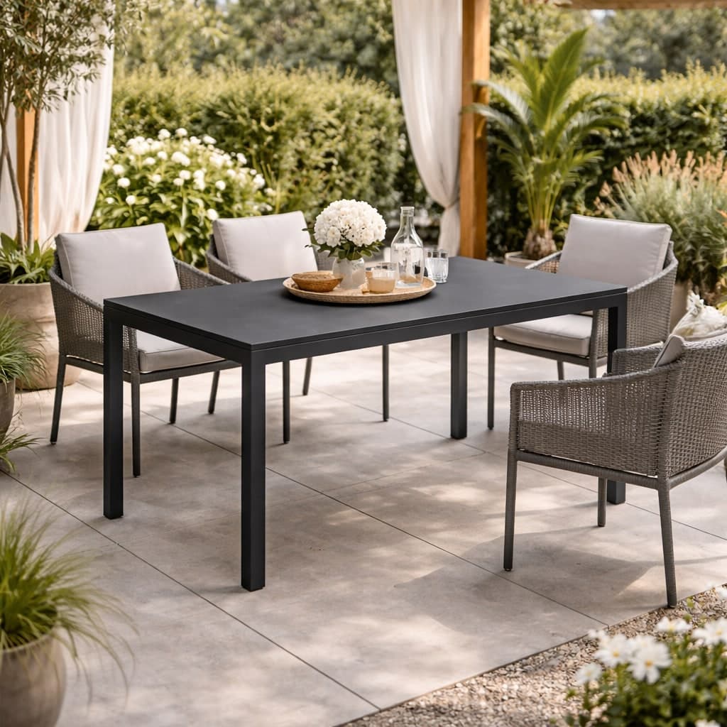 Tavolo "Sarita" struttura in acciaio, piano in hdpe con effetto legno venato, per arredo interno ed esterno in Tavoli da sala da pranzo Decor Space - Altamura, commercioVirtuoso.it