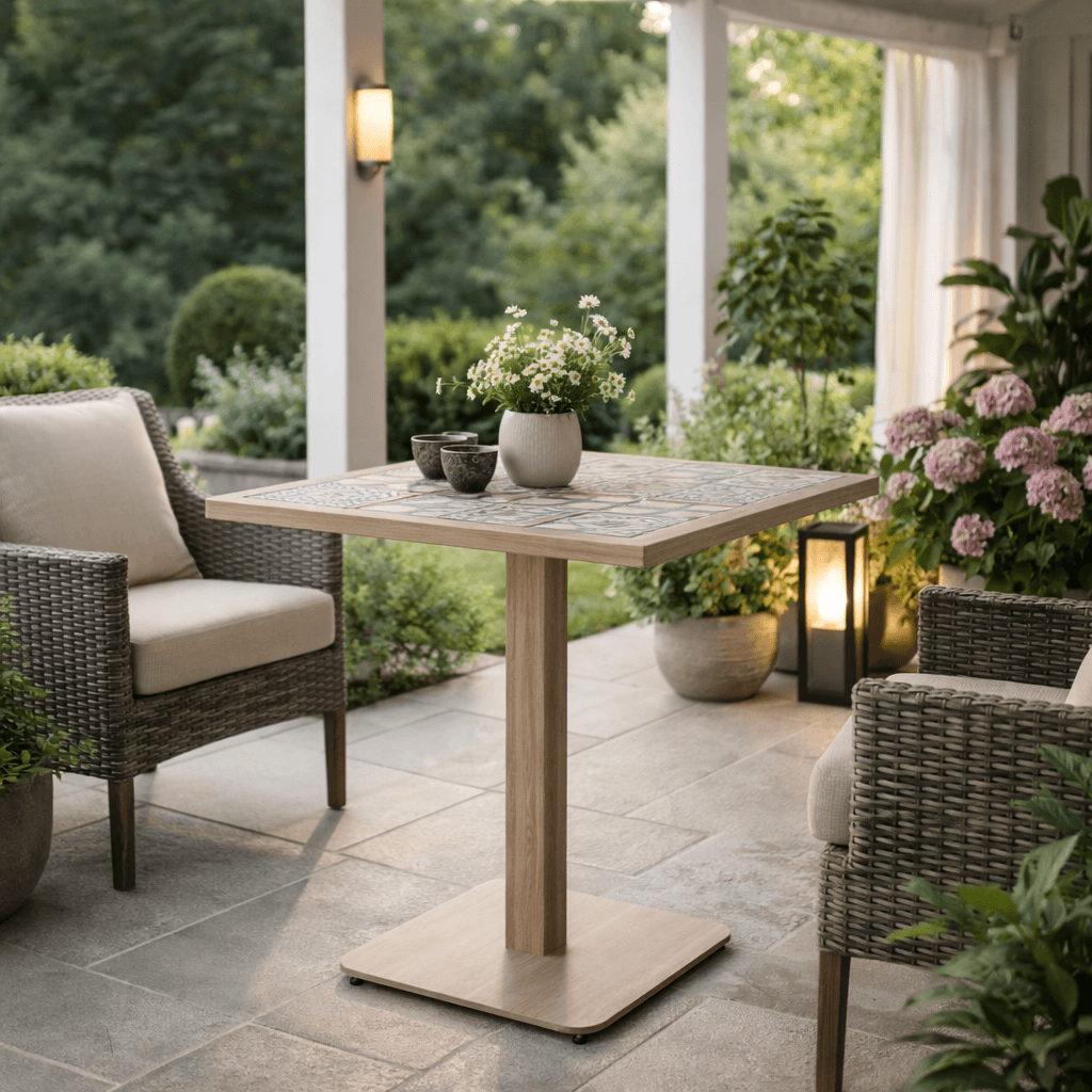 Tavolo "Kalimera" con struttura in alluminio, piano in porcellana, per arredo interno 73 x 73 x h 74 cm in Tavoli da sala da pranzo Decor Space - Altamura, commercioVirtuoso.it