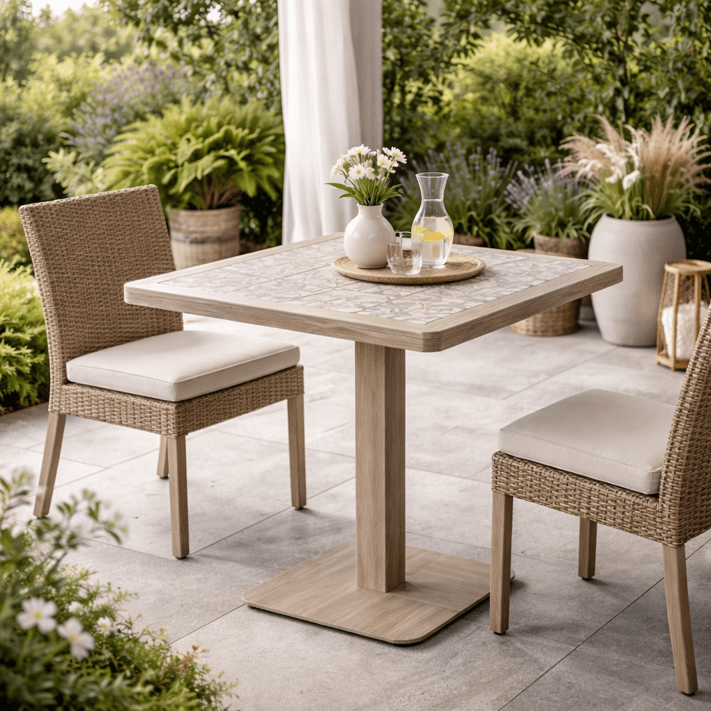 Tavolo "Kalimera" con struttura in alluminio, piano in porcellana, per arredo interno 73 x 73 x h 74 cm in Tavoli da sala da pranzo Decor Space - Altamura, commercioVirtuoso.it