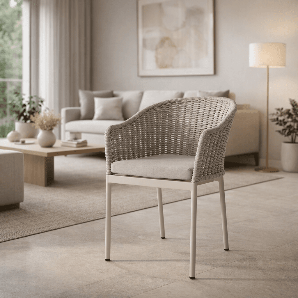 Sedia "Salines" struttura in alluminio, con braccioli, intreccio in corda, per interni ed esterni in Sedie per tavolo da giardino Decor Space - Altamura, commercioVirtuoso.it
