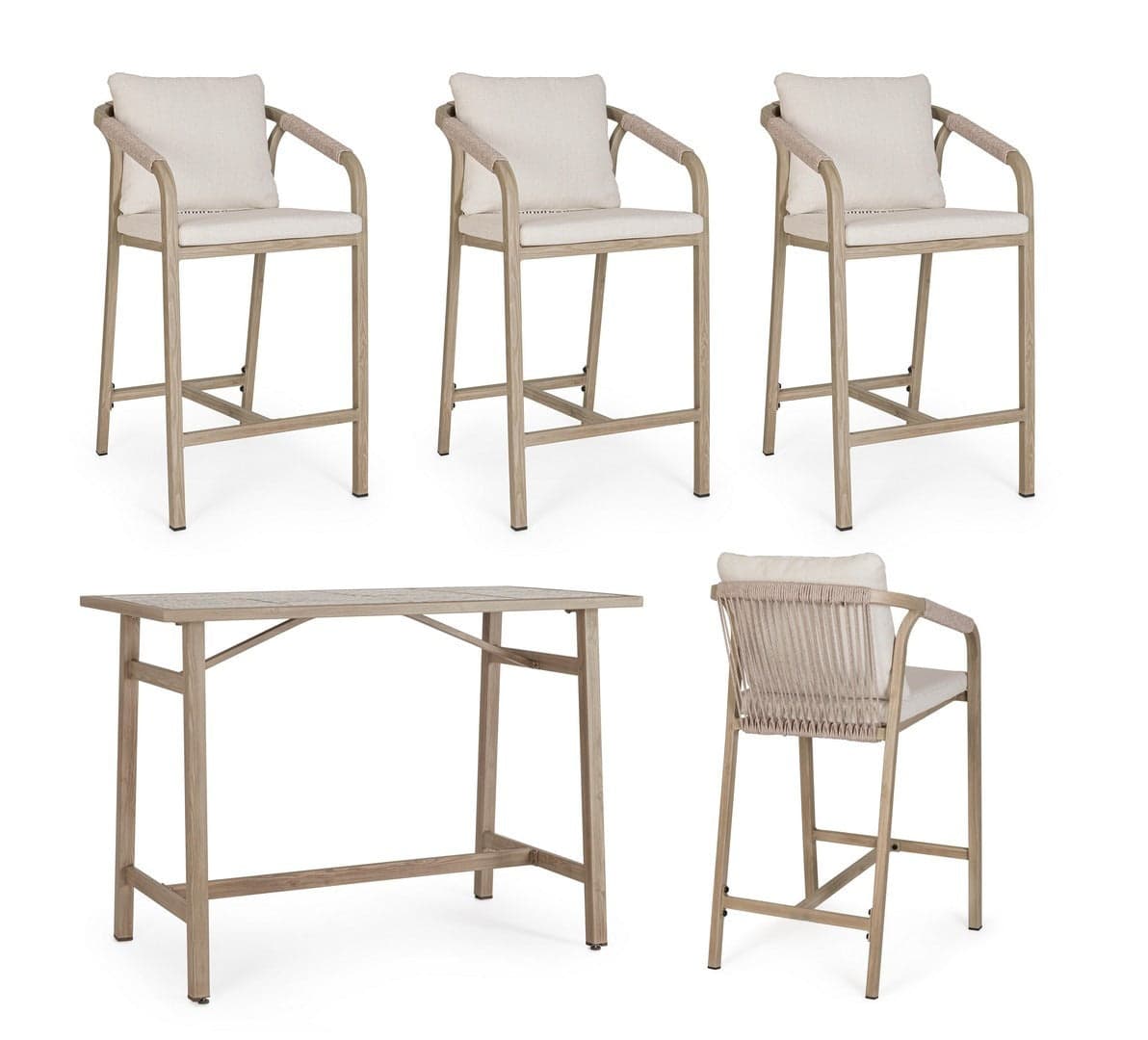 Set salotto "Kalimera" tavolo da bar + 4 sgabelli, per arredo giardino in Set di mobili Decor Space - Altamura, commercioVirtuoso.it