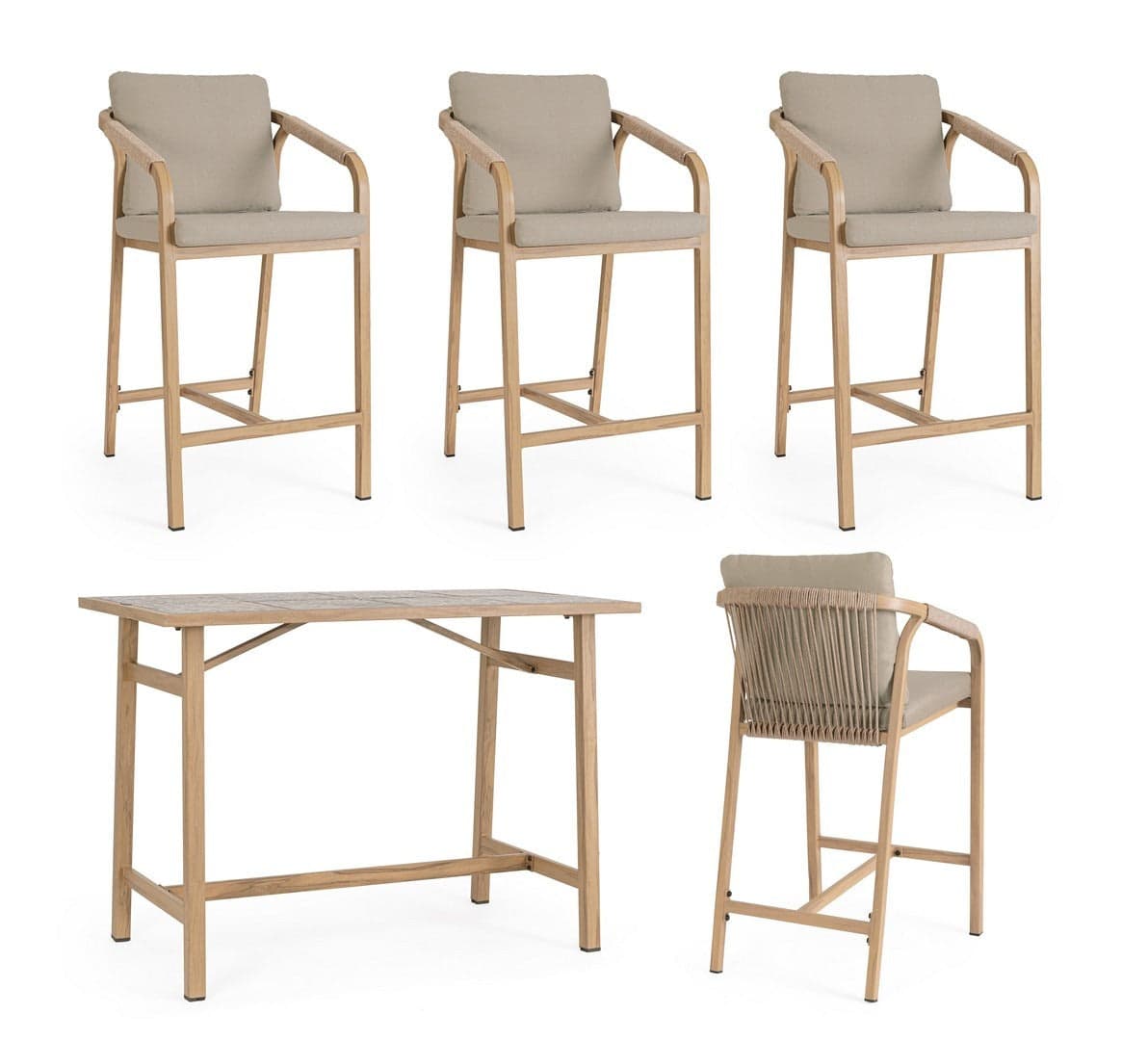 Set salotto "Kalimera" tavolo da bar + 4 sgabelli, per arredo giardino in Set di mobili Decor Space - Altamura, commercioVirtuoso.it