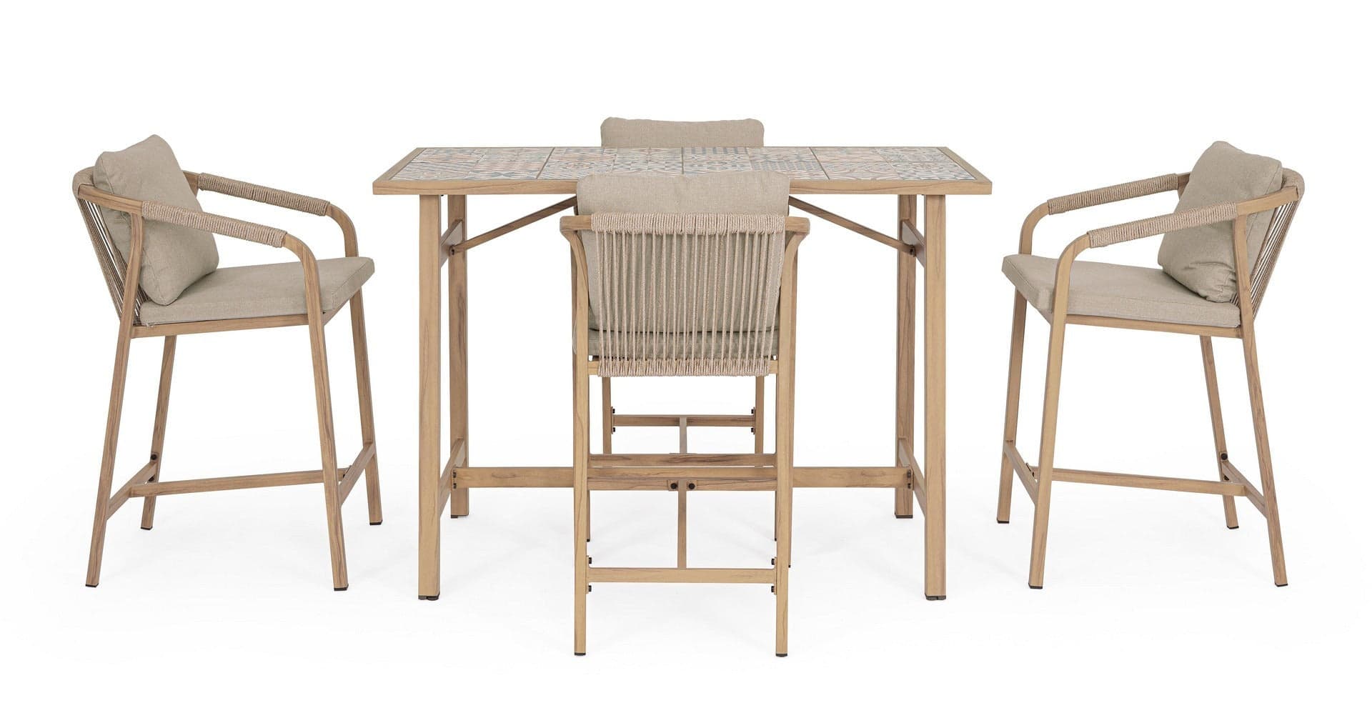 Set salotto "Kalimera" tavolo da bar + 4 sgabelli, per arredo giardino in Set di mobili Decor Space - Altamura, commercioVirtuoso.it